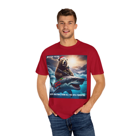 X-mas Humor T-Shirt "Merry Christmas from All the Apex Predators", Unisex Garment-Dyed Tee, Funny Holiday Shirt, Gift for Friends, Outdoor Adventure Wear, Novelty Apparel