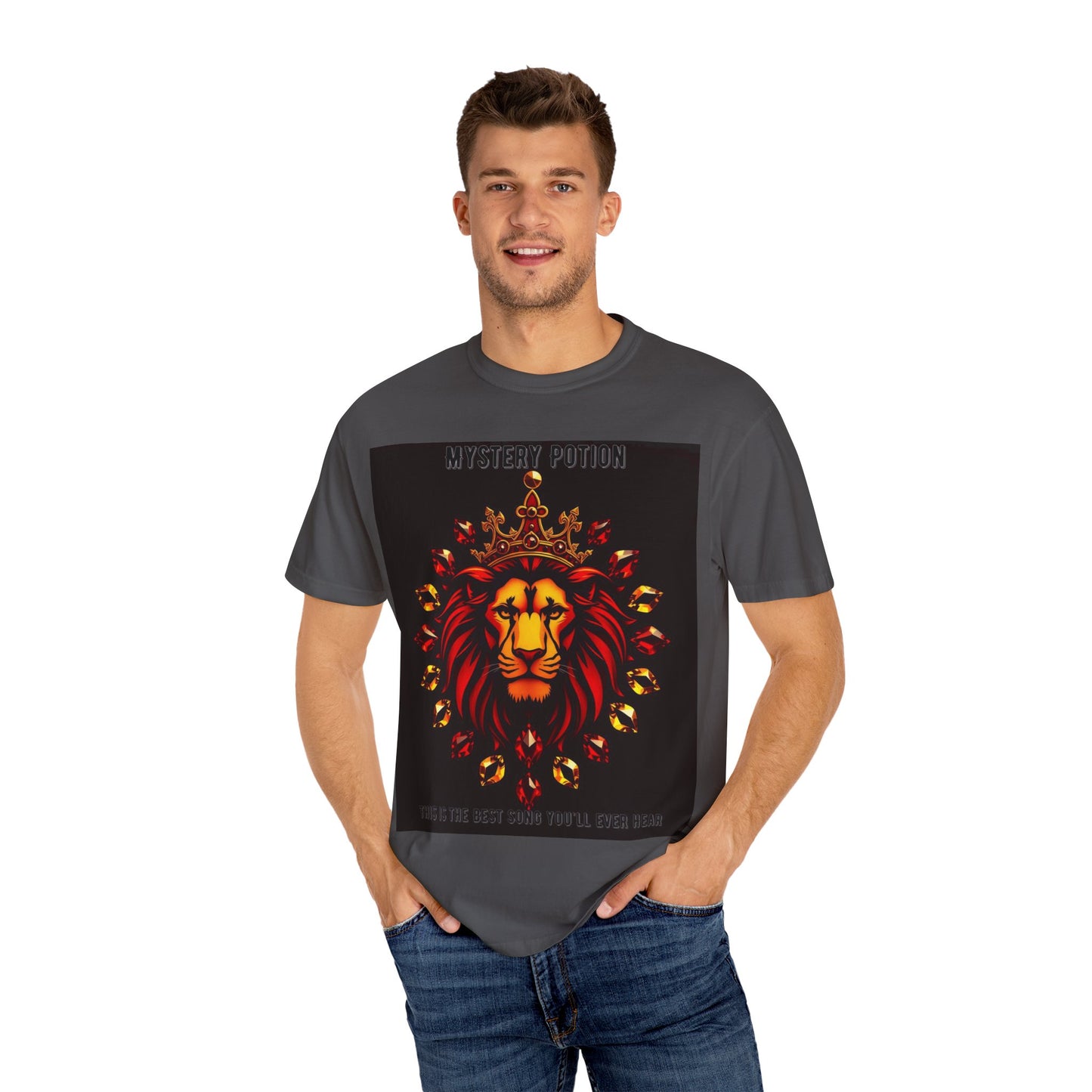 'This Is The Best Song You'll Ever Hear' by Mystery Potion, Bold Graphic Royal Lion T-Shirt, Unisex Tee, Streetwear Style, Gift for Lion Lovers, Perfect for Casual Outings, Unique Clothing