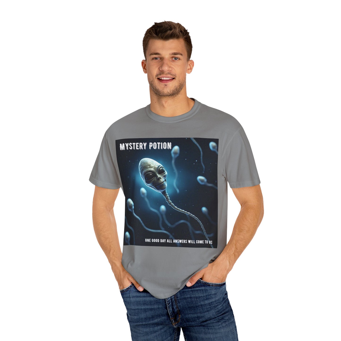 'One Good Day All Answers Will Come To Us' by Mystery Potion, Alien Sperm Tee, Unisex Graphic T-Shirt, Fun Gift for Space Lovers, Cool Casual Wear, Sci-Fi Fashion, Unique Statement Piece