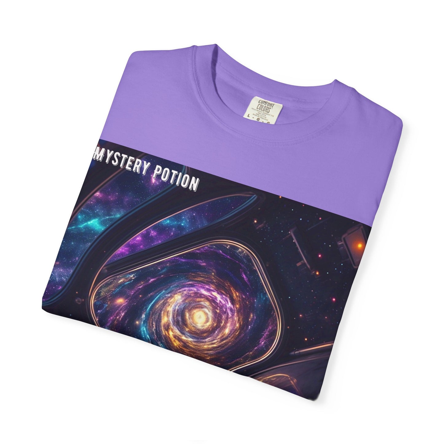 Cosmic Themed Mystery Potion Unisex Garment-Dyed T-shirt, Mystical Tee, Galaxy Shirt, Space Art Apparel, Unique Gift for Event Horizon Stargazers