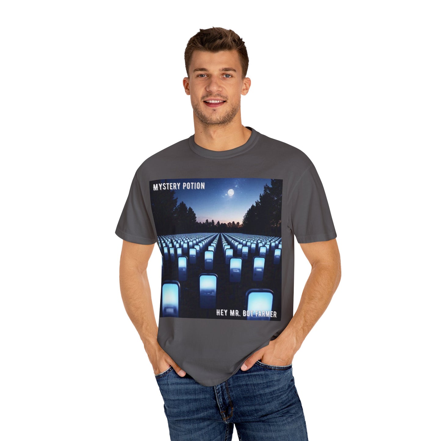 Mystery Potion "Hey Mr. Bot Farmer" Graphic T-Shirt, Unisex Vintage Tee, Perfect for Music Festivals, Casual Wear, Gifts for Him/Her