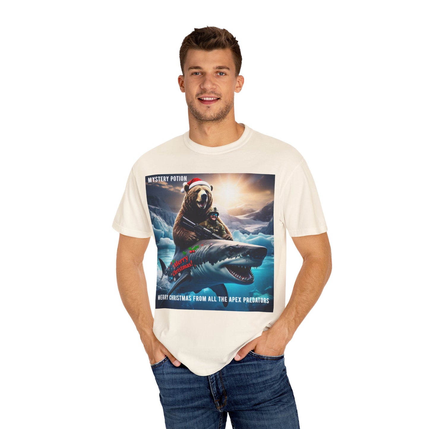 X-mas Humor T-Shirt "Merry Christmas from All the Apex Predators", Unisex Garment-Dyed Tee, Funny Holiday Shirt, Gift for Friends, Outdoor Adventure Wear, Novelty Apparel