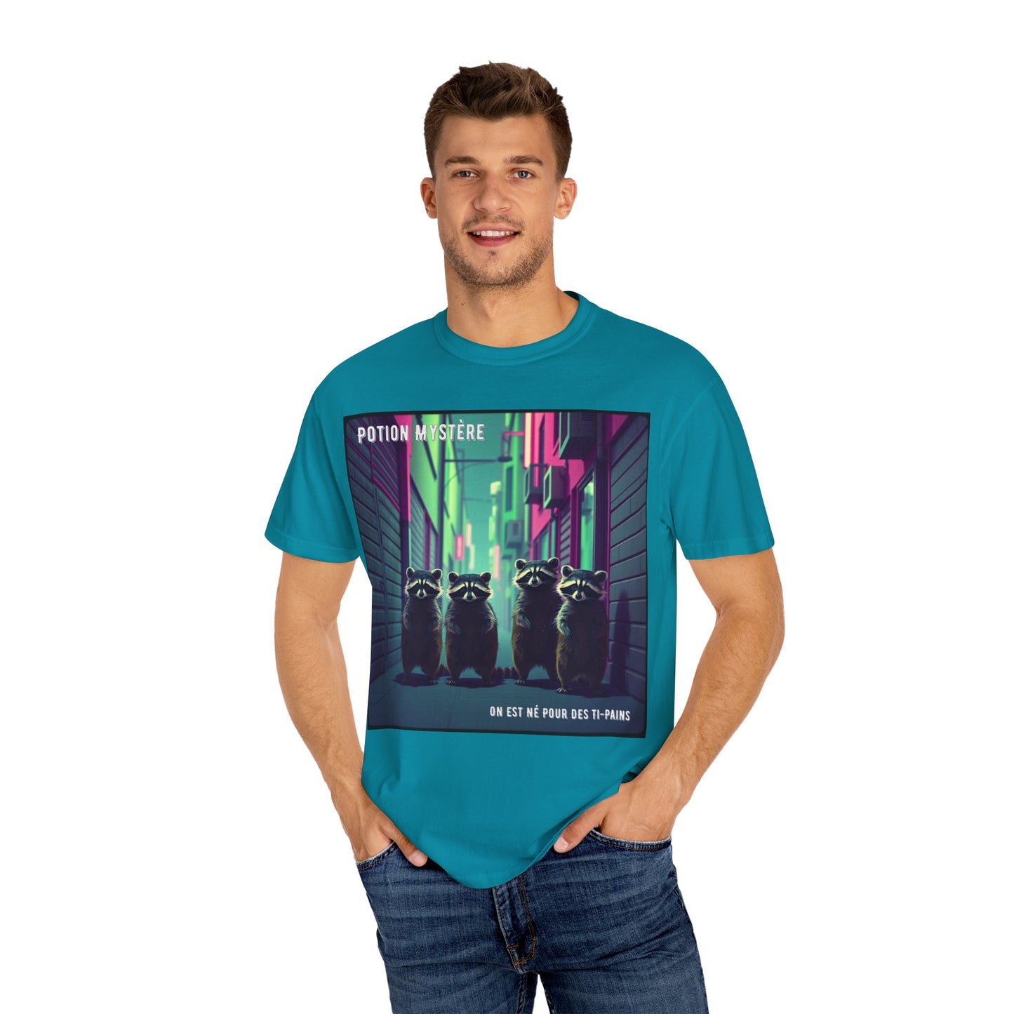 'On Est Né Pour Des Ti Pains' par Potion Mystère, Racoons Graphic Tee for Nature Lovers, Unisex Shirt for Pop Punk Song, Gift for Gamers, Casual Wear, Eco-Friendly Apparel