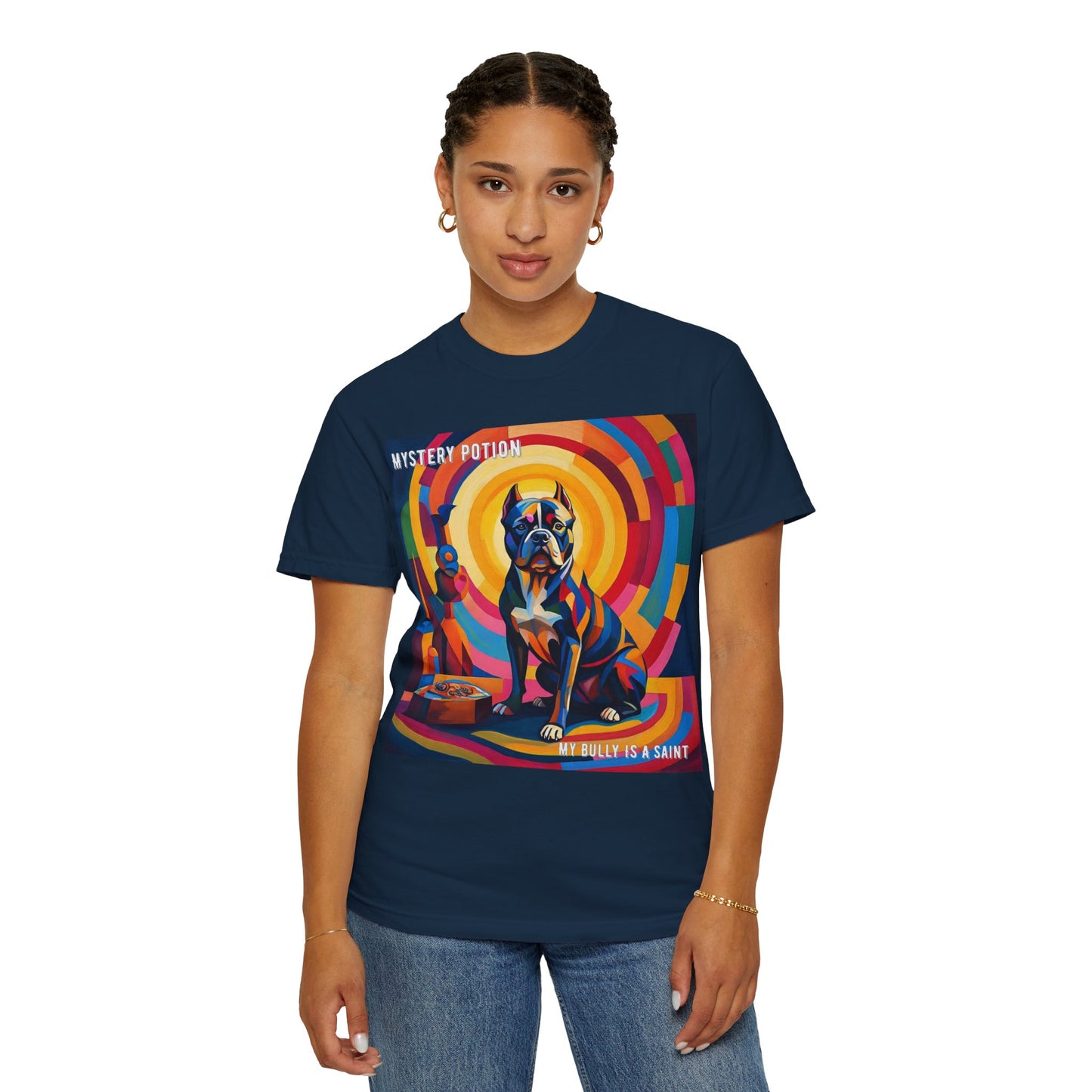 'My Bully Is A Saint' by Mystery Potion Colorful Dog Art T-shirt, Unisex Graphic Tee by Mystery Potion, Perfect for Pet Lovers, Comfy Casual Wear, Great Gift for Dog Lovers
