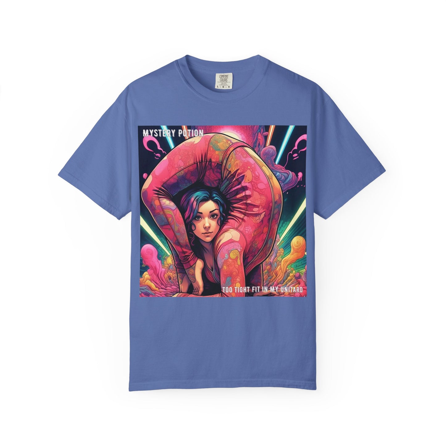 Mystery Potion Extreme Yoga Pose Unisex Garment-Dyed T-shirt, Artistic Tee, Vibrant Graphic Shirt, Unique Gift, Festival Wear, Comfortable Casual Top