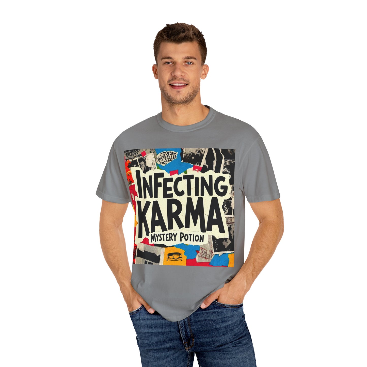 'Infecting Karma' by Mystery Potion,  Mystical Vibes T-shirt Design - Summer Casual Wear, Gift for Friends, Festival Apparel, Unique Statement Tee