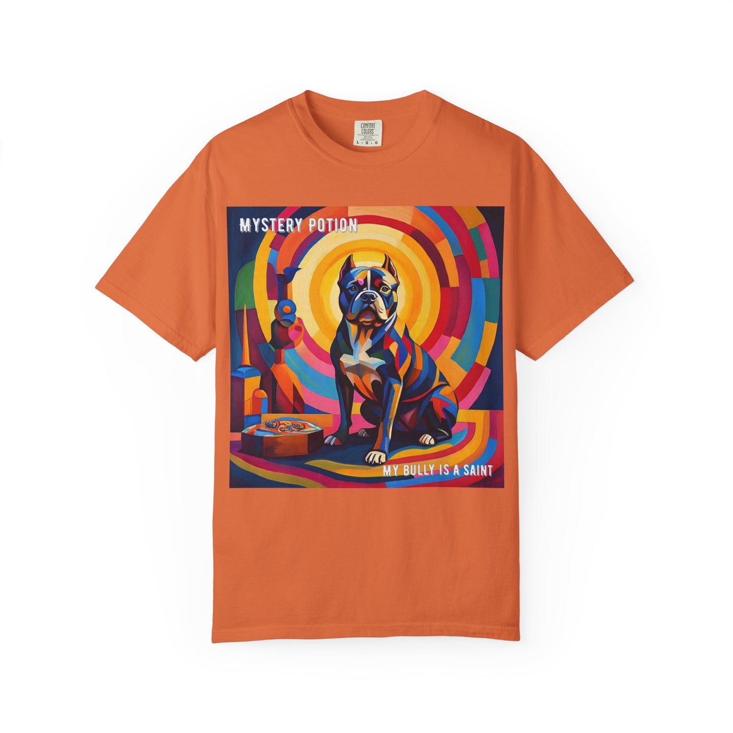 'My Bully Is A Saint' by Mystery Potion Colorful Dog Art T-shirt, Unisex Graphic Tee by Mystery Potion, Perfect for Pet Lovers, Comfy Casual Wear, Great Gift for Dog Lovers