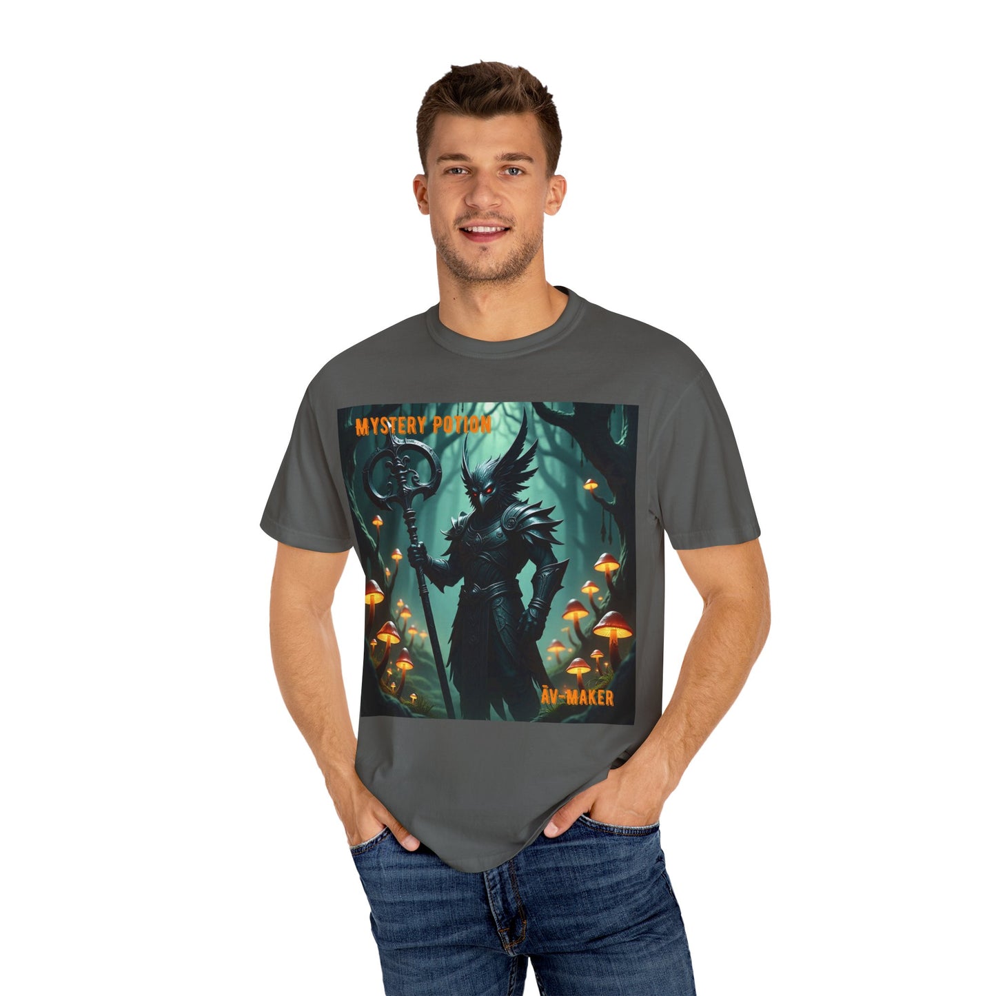 Mystical Āv-Maker Unisex Garment-Dyed T-shirt, Fantasy Apparel, Gift for Gamers, Witchy T-shirt, Mystery Potion Design, Unisex Tee