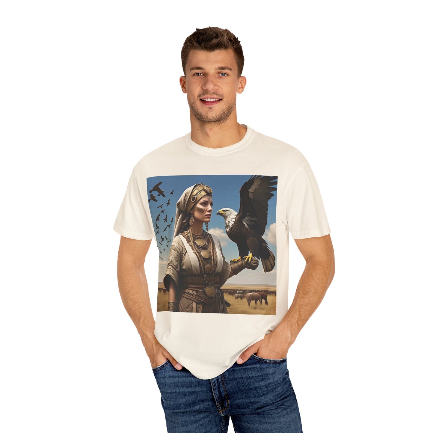 Empowered Eagle and Scythian Woman T-Shirt, Unisex Garment-Dyed Tee, Nature Lover Shirt, Gift for Bird Enthusiasts, Unique Graphic Tee