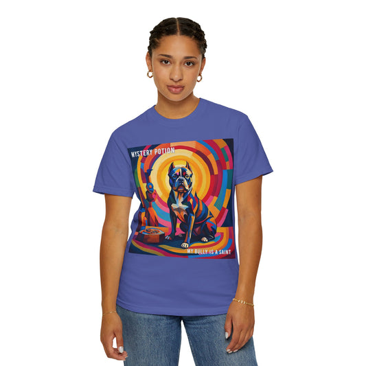 'My Bully Is A Saint' by Mystery Potion Colorful Dog Art T-shirt, Unisex Graphic Tee by Mystery Potion, Perfect for Pet Lovers, Comfy Casual Wear, Great Gift for Dog Lovers