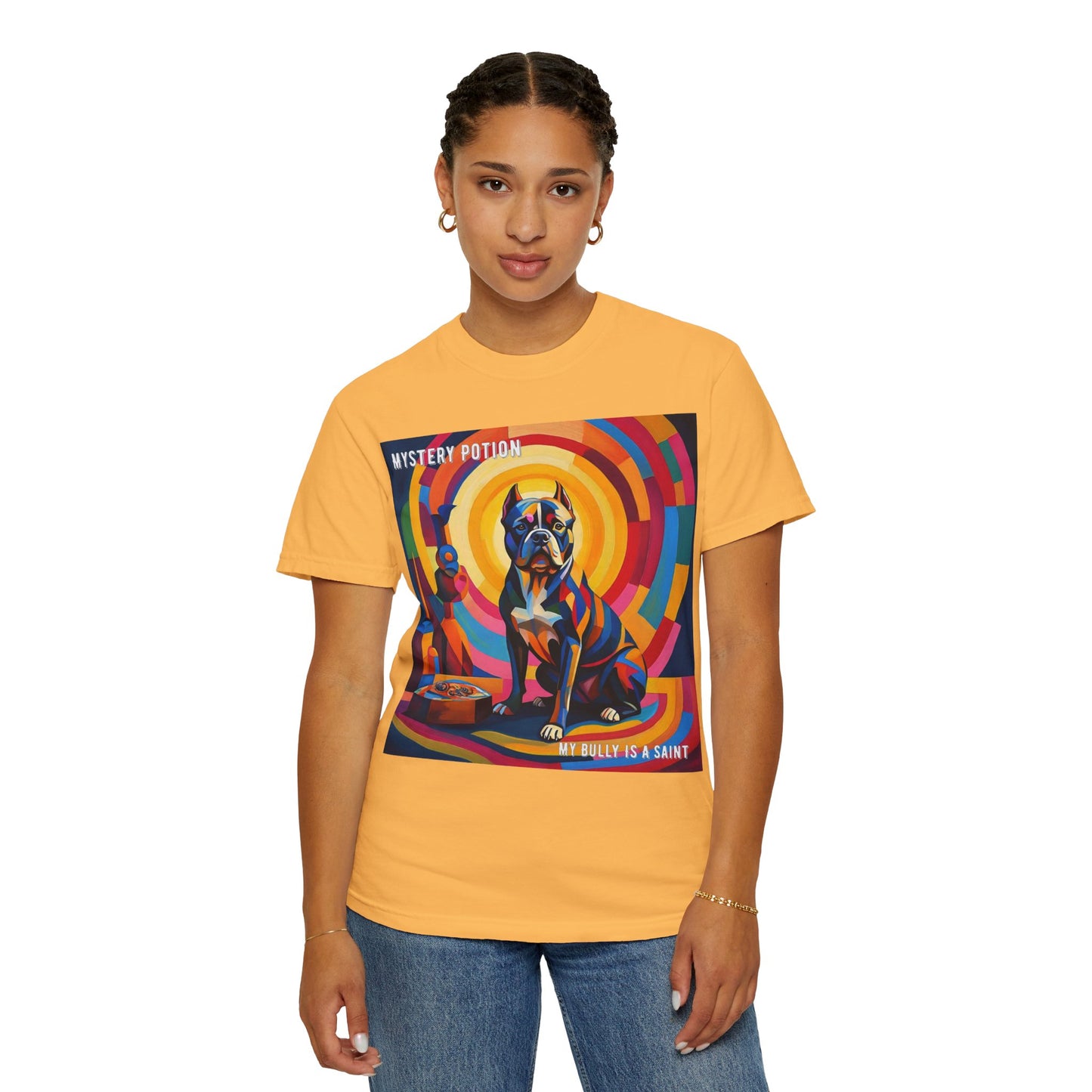 'My Bully Is A Saint' by Mystery Potion Colorful Dog Art T-shirt, Unisex Graphic Tee by Mystery Potion, Perfect for Pet Lovers, Comfy Casual Wear, Great Gift for Dog Lovers