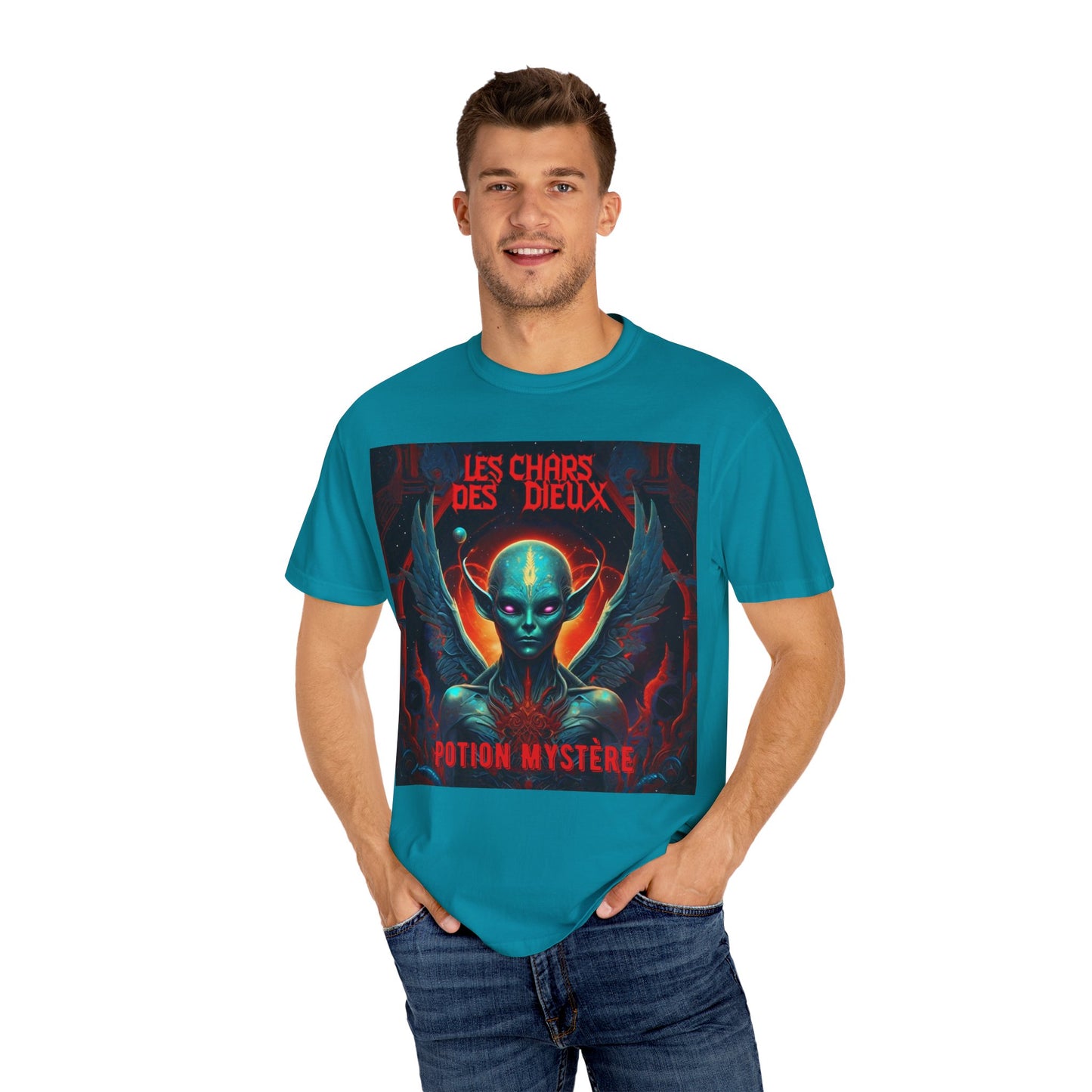 'Les Chars des Dieux' par Potion Mystère, Mystical Alien Graphic T-Shirt | Unisex Tee for Sci-Fi Lovers, Unique Gift for Halloween, Cosmic Vibes, Statement Shirt, Trendy Fashion