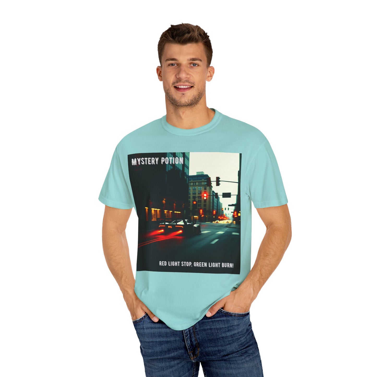 'Red Light Stop, Green Light Burn' by Mystery Potion Urban Vibe T-Shirt, Street Art T-Shirt, Fashion Tee, Gift for Art Lovers, Unisex Cotton Shirt, Unique Graphic Tee