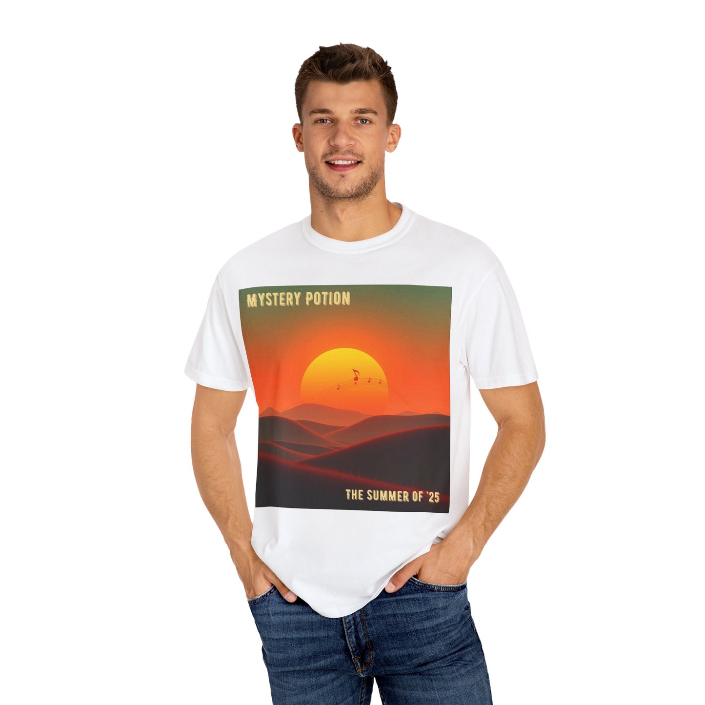 'The Summer of '25'  by Mystery Potion, Mystical Sunset T-Shirt - Unisex Garment-Dyed Tee, Retro Vibe, Bohemian Style, Summer Essential Swag