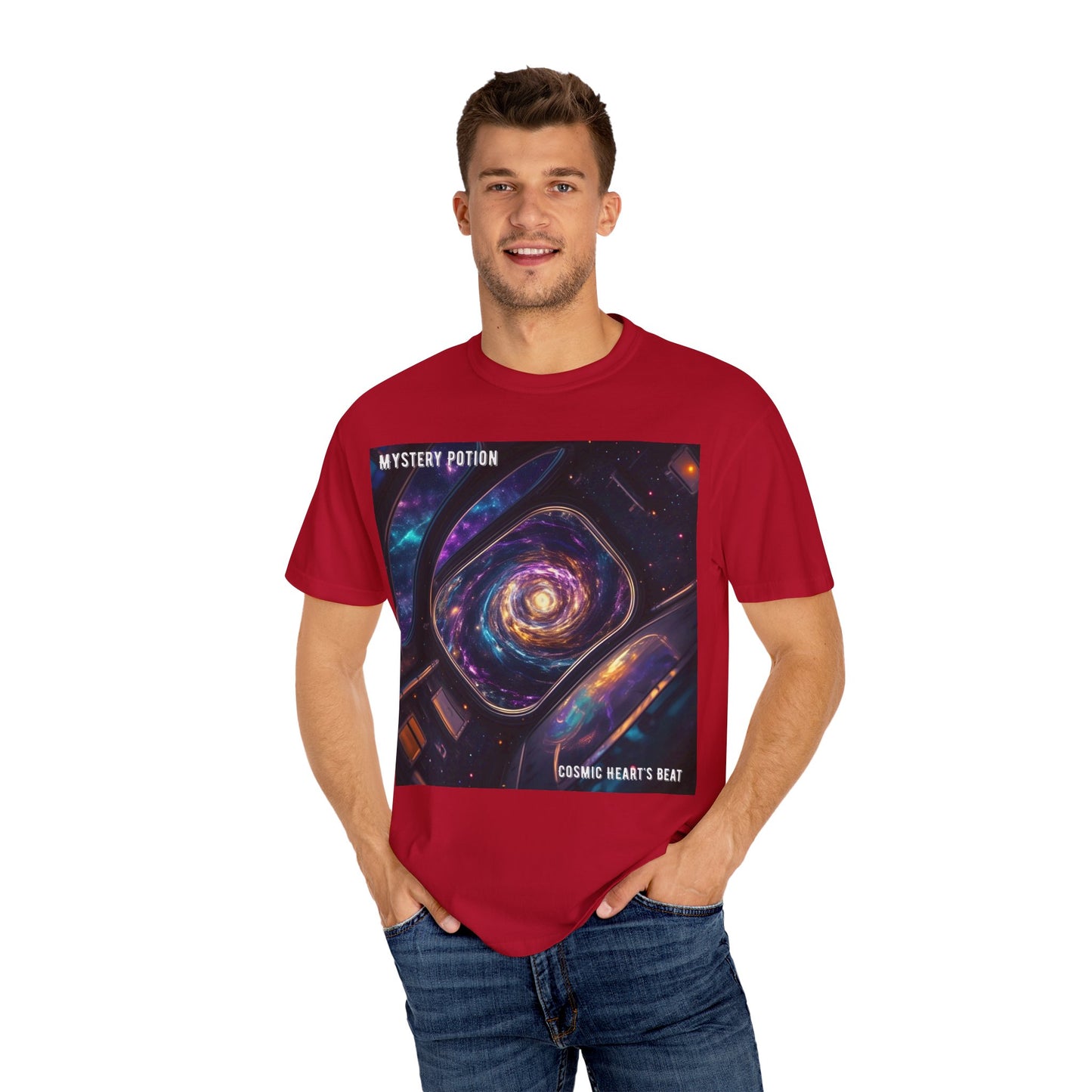 Cosmic Themed Mystery Potion Unisex Garment-Dyed T-shirt, Mystical Tee, Galaxy Shirt, Space Art Apparel, Unique Gift for Event Horizon Stargazers