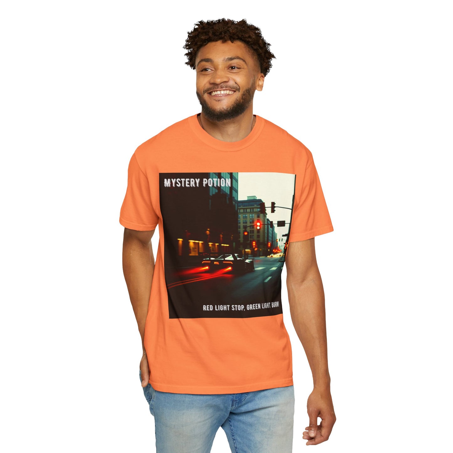 'Red Light Stop, Green Light Burn' by Mystery Potion Urban Vibe T-Shirt, Street Art T-Shirt, Fashion Tee, Gift for Art Lovers, Unisex Cotton Shirt, Unique Graphic Tee