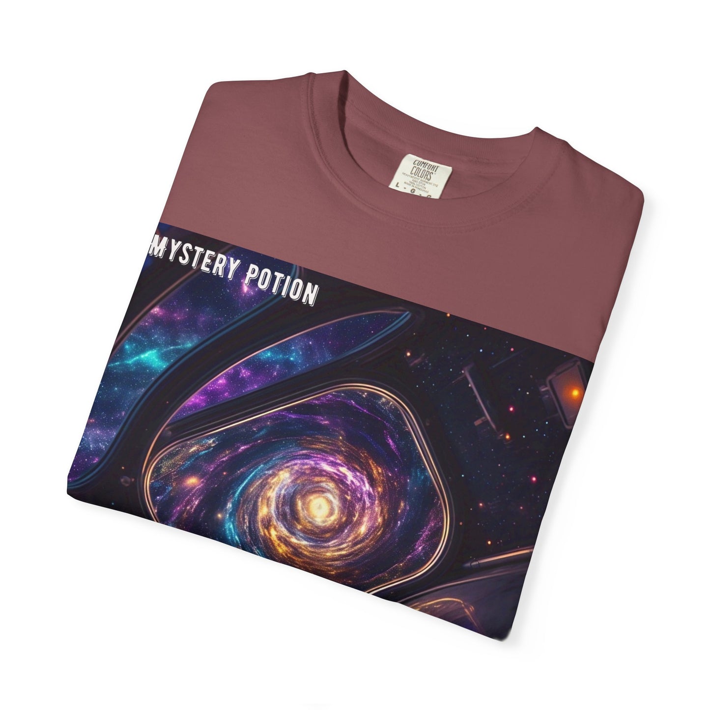 Cosmic Themed Mystery Potion Unisex Garment-Dyed T-shirt, Mystical Tee, Galaxy Shirt, Space Art Apparel, Unique Gift for Event Horizon Stargazers