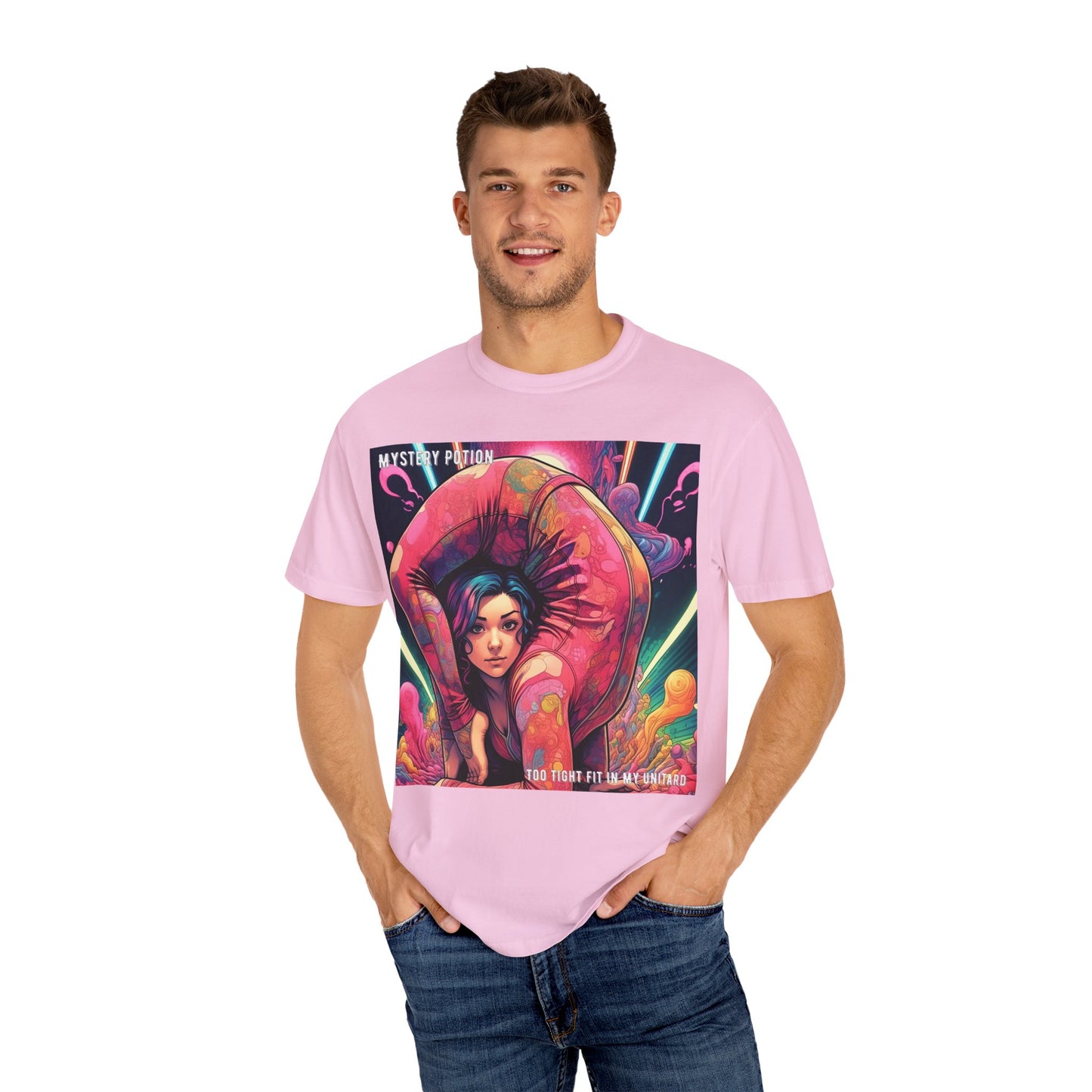 Mystery Potion Extreme Yoga Pose Unisex Garment-Dyed T-shirt, Artistic Tee, Vibrant Graphic Shirt, Unique Gift, Festival Wear, Comfortable Casual Top