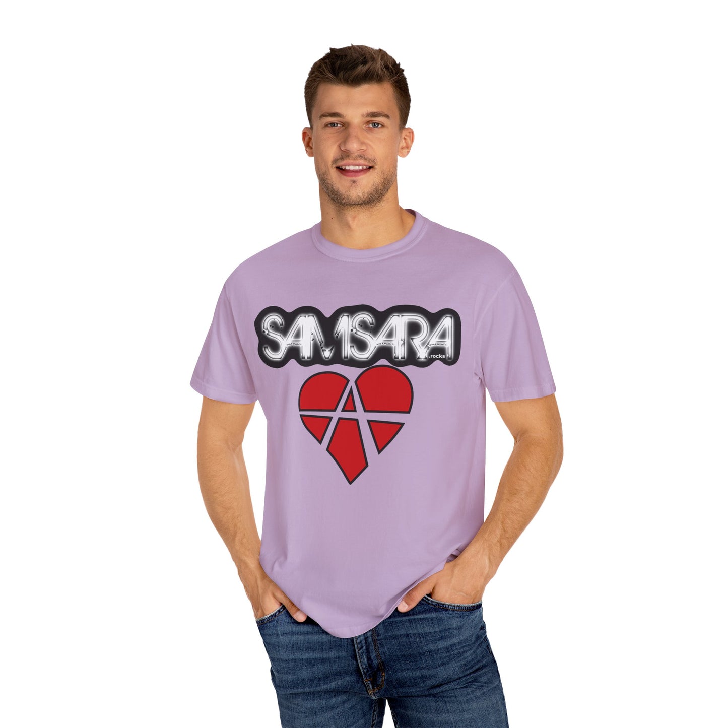 'Samsara Rocks' Logo, Love and Anarchy Graphic Tee | Unisex Garment-Dyed T-Shirt, Casual Fashion, Heart Design, Streetwear, Gift for Him/Her