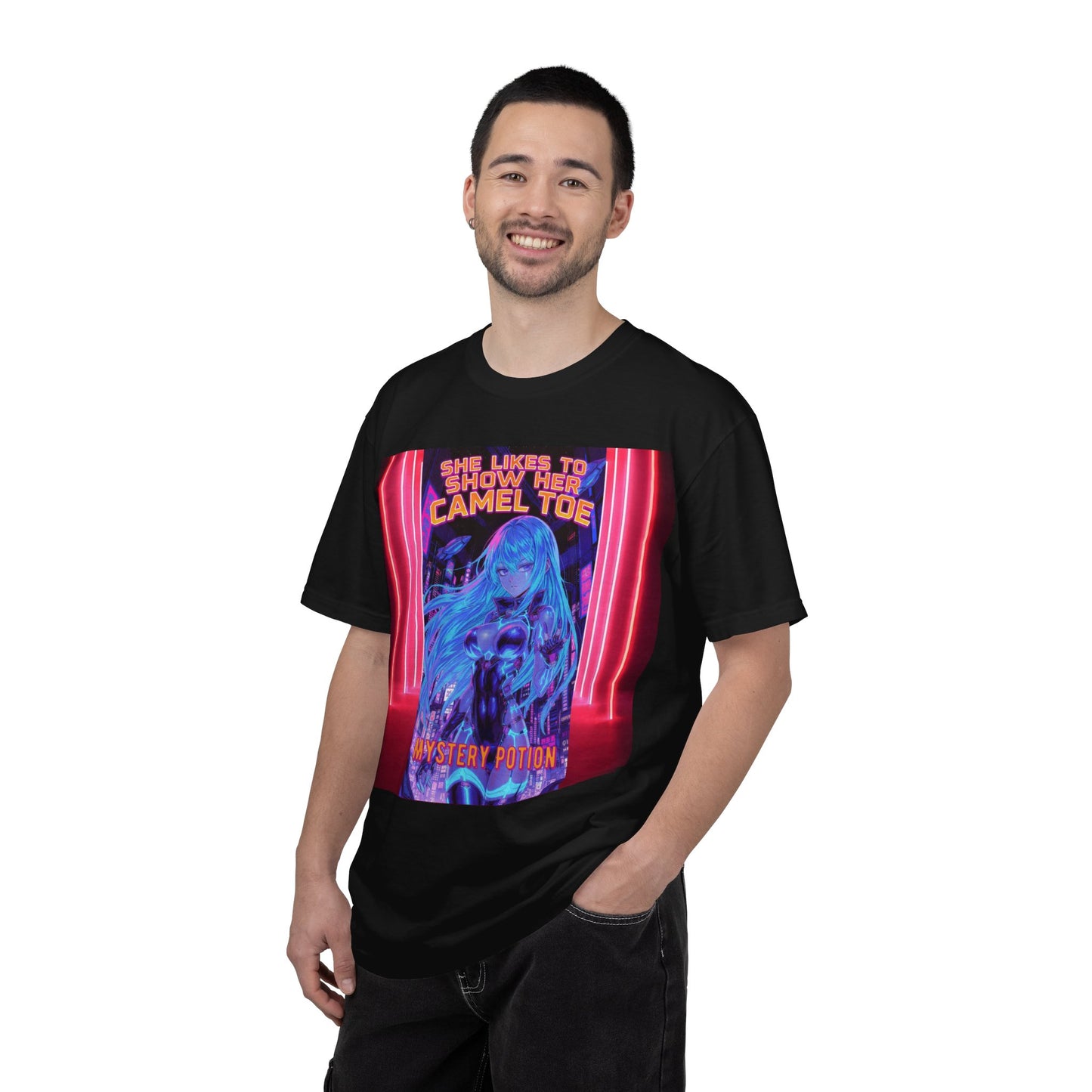 Anime Neon Tee — "She Likes to Show Her Camel Toe" Graphic T-Shirt