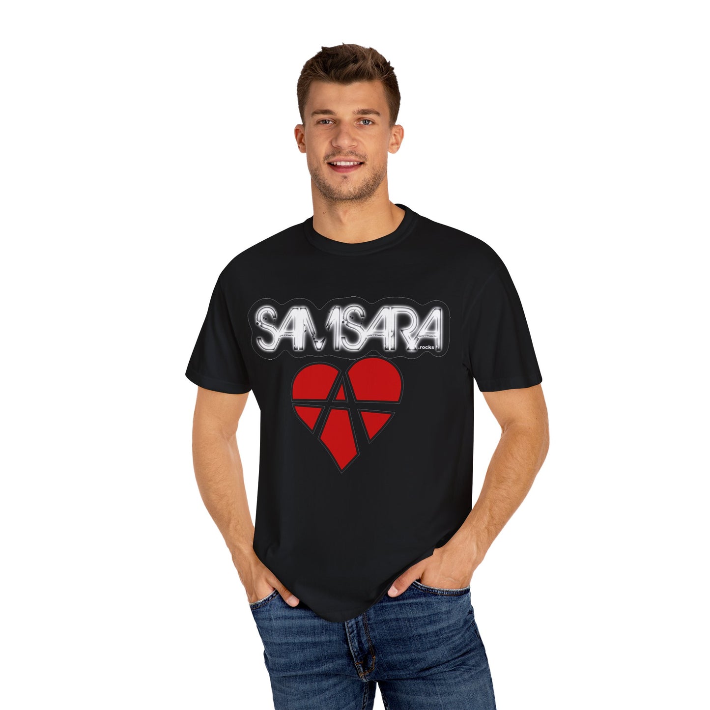 'Samsara Rocks' Logo, Love and Anarchy Graphic Tee | Unisex Garment-Dyed T-Shirt, Casual Fashion, Heart Design, Streetwear, Gift for Him/Her