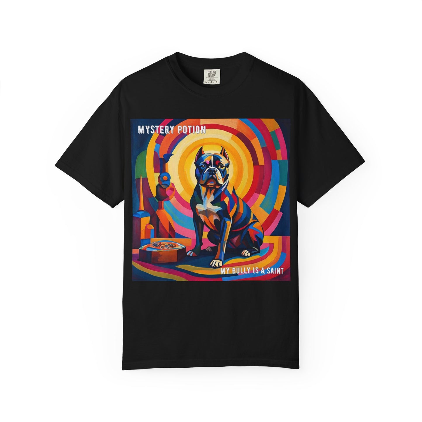 'My Bully Is A Saint' by Mystery Potion Colorful Dog Art T-shirt, Unisex Graphic Tee by Mystery Potion, Perfect for Pet Lovers, Comfy Casual Wear, Great Gift for Dog Lovers
