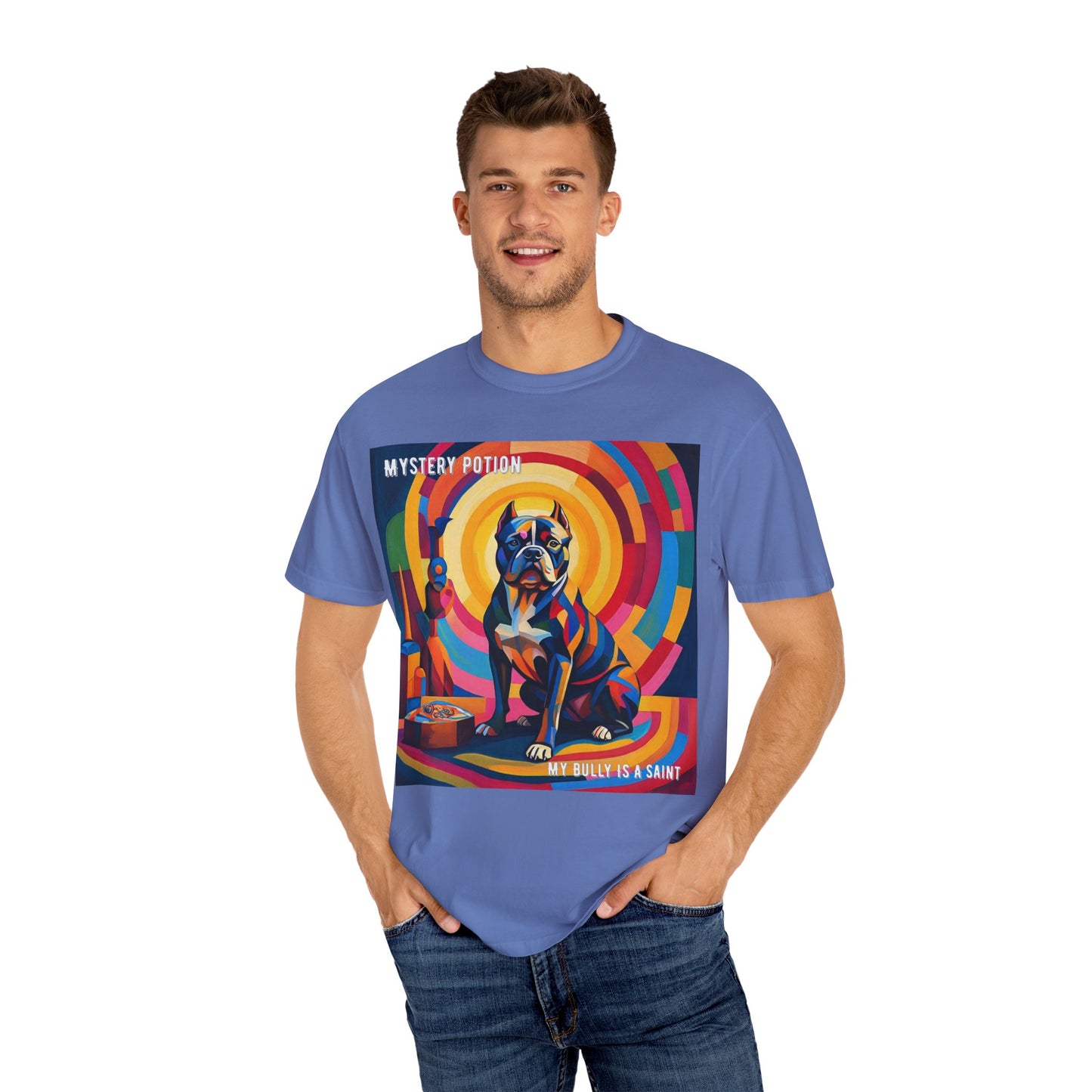 'My Bully Is A Saint' by Mystery Potion Colorful Dog Art T-shirt, Unisex Graphic Tee by Mystery Potion, Perfect for Pet Lovers, Comfy Casual Wear, Great Gift for Dog Lovers