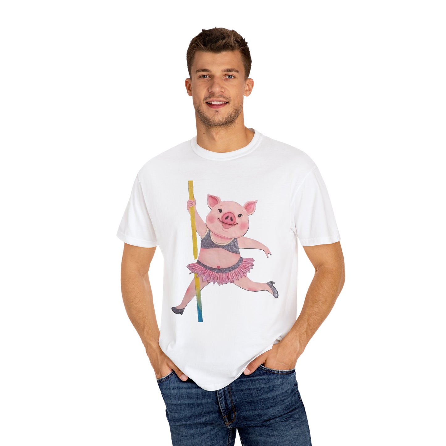'Playful Pig' T-Shirt, Fun Graphic Tee, Animal Lover Gift, Unique Apparel, Funny T-Shirt, Cute Pig Shirt, Pole-Dancers and Pole Dancing Pig.
