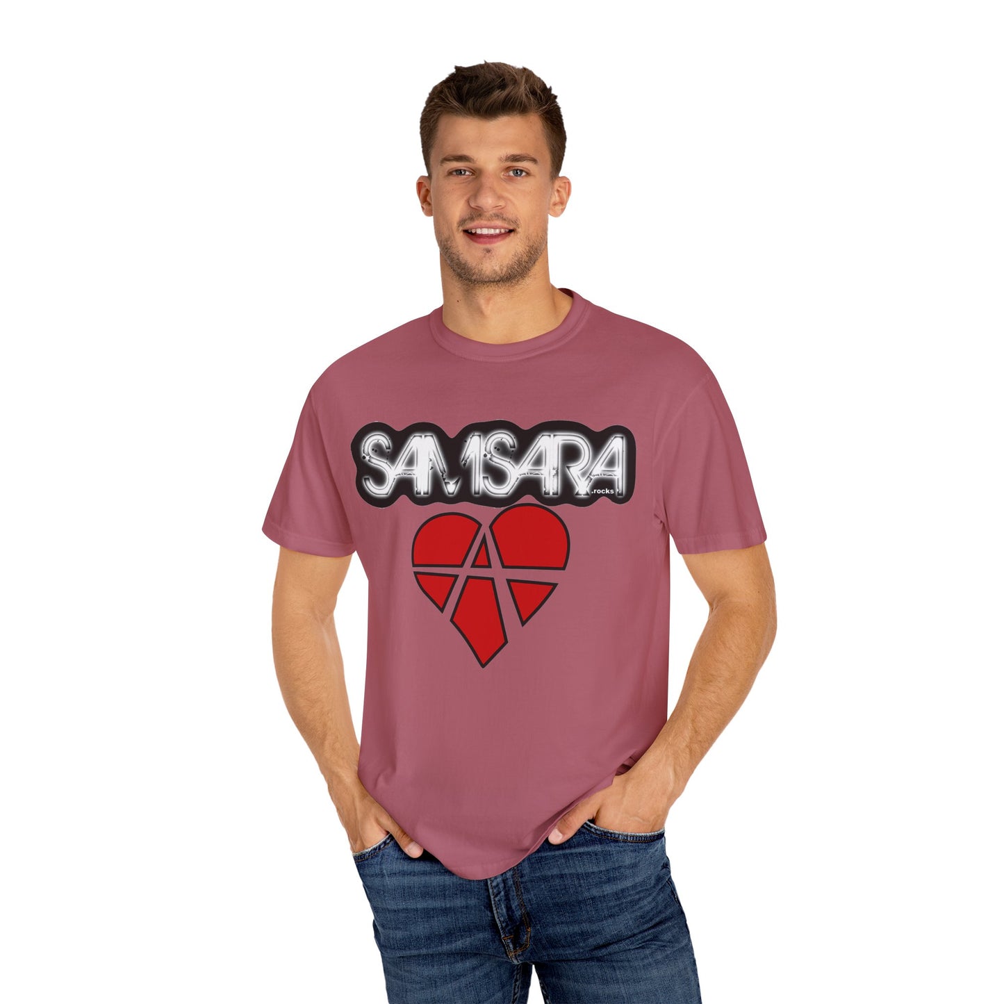 'Samsara Rocks' Logo, Love and Anarchy Graphic Tee | Unisex Garment-Dyed T-Shirt, Casual Fashion, Heart Design, Streetwear, Gift for Him/Her