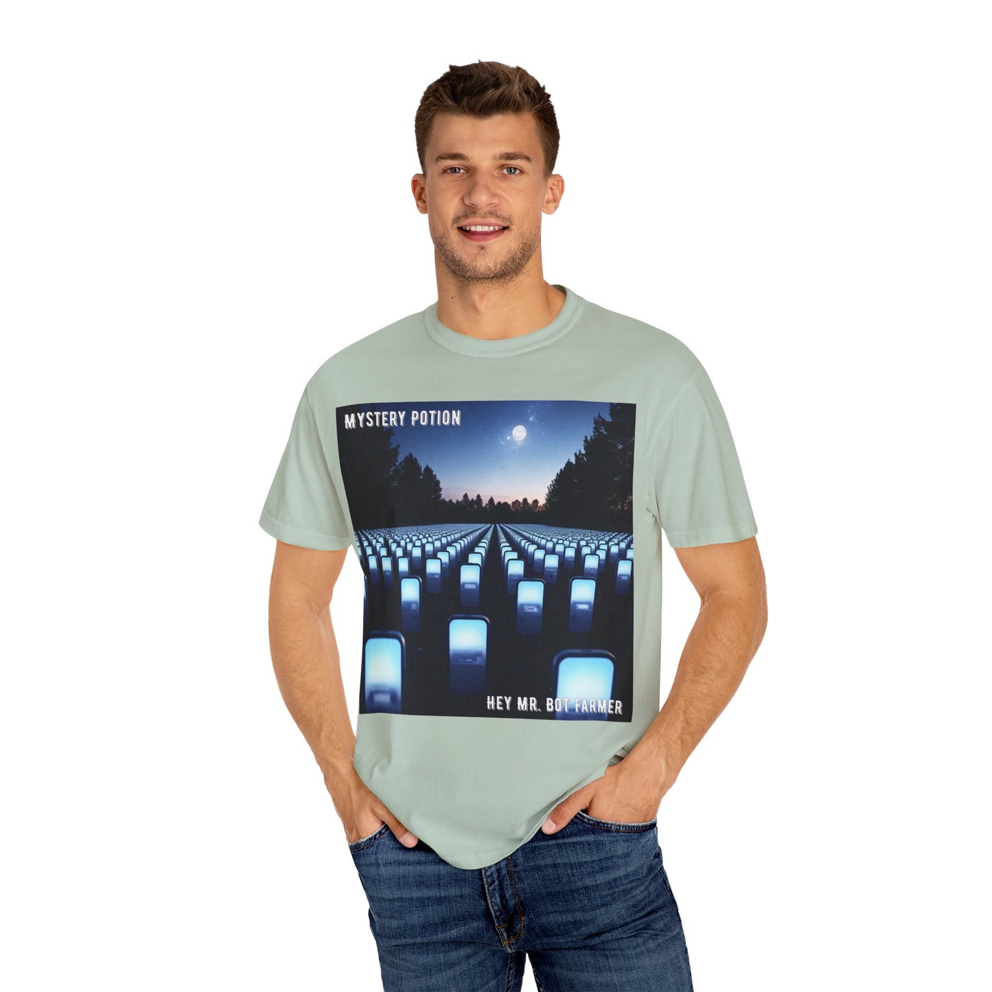 Mystery Potion "Hey Mr. Bot Farmer" Graphic T-Shirt, Unisex Vintage Tee, Perfect for Music Festivals, Casual Wear, Gifts for Him/Her