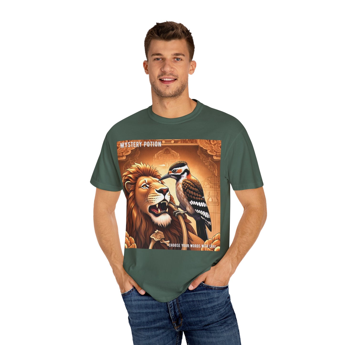 Mystical Lion & Bird T-Shirt | Unique Graphic Tee, Unisex Apparel, Gift for Nature Lovers, Bohemian Style, Festival Wear