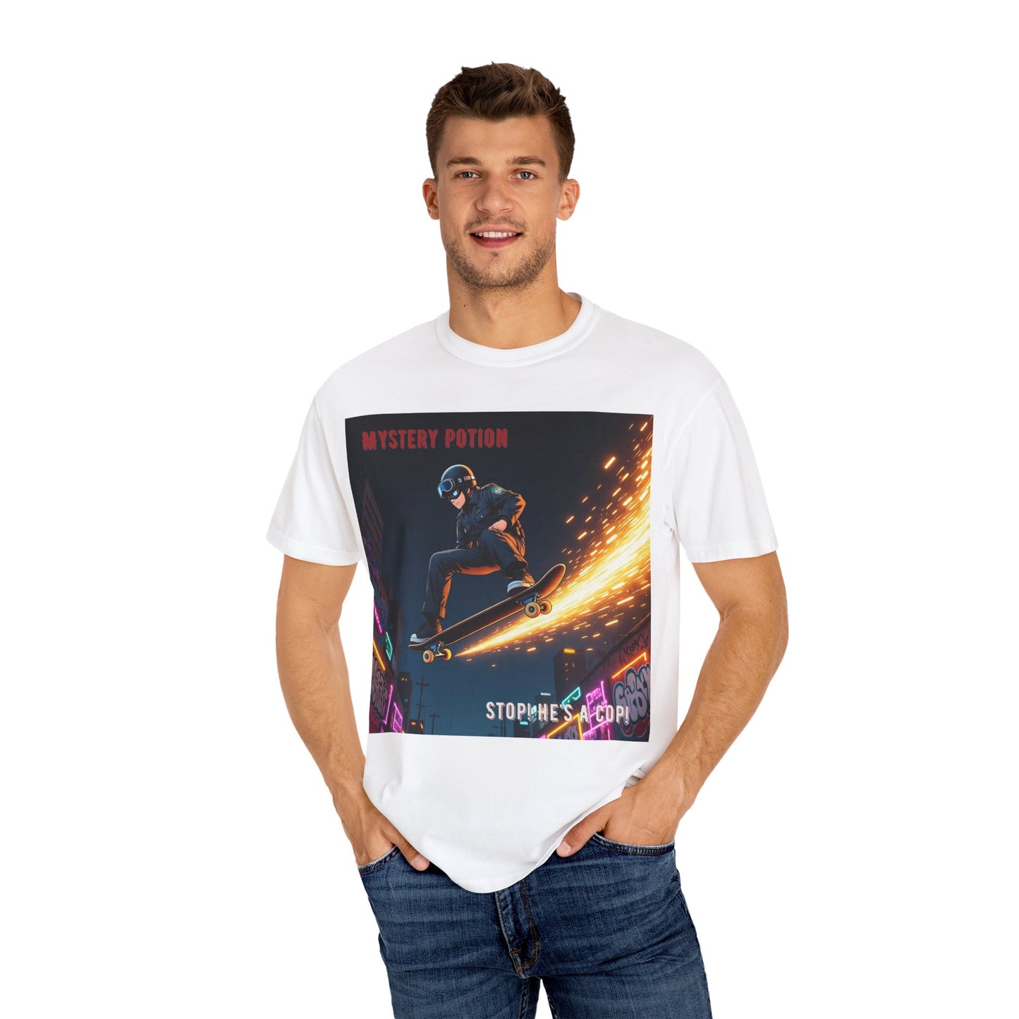 'Stop! He's A Cop!' by Mystery Potion, Skateboard Hardcore Punk T-shirt, Cozy Graphic Tee, Perfect Gift for Skaters, Unisex Streetwear Shirt, Trendy Casual Wear