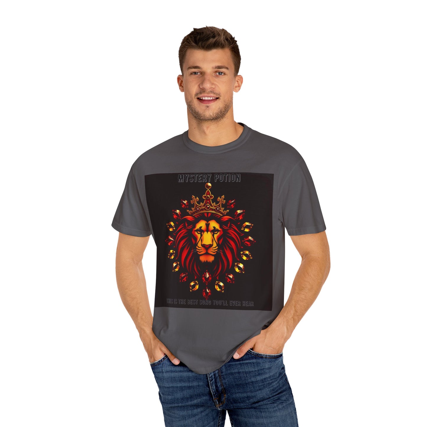 'This Is The Best Song You'll Ever Hear' by Mystery Potion, Bold Graphic Royal Lion T-Shirt, Unisex Tee, Streetwear Style, Gift for Lion Lovers, Perfect for Casual Outings, Unique Clothing