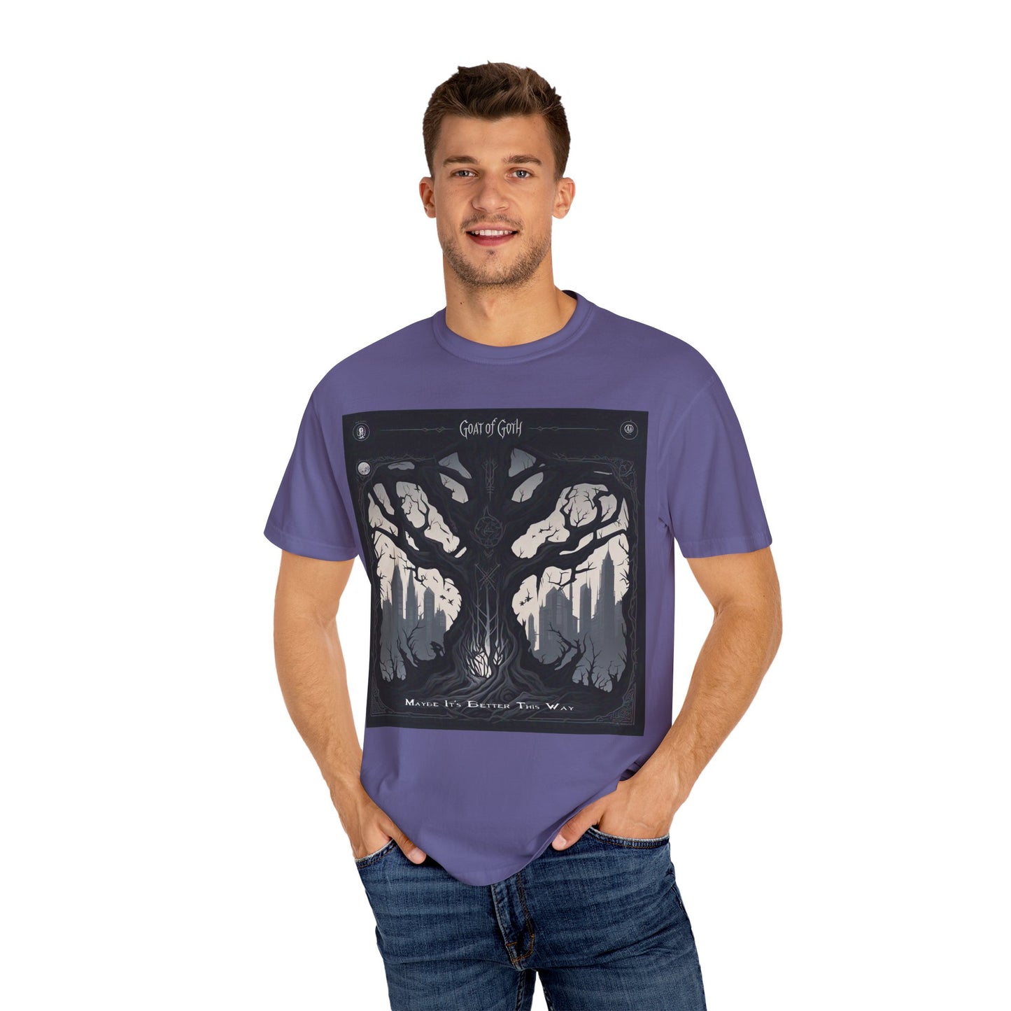 Gothic Tree T-Shirt, GOAT of Goth Unisex Cotton Tee for Nature Lovers, Unique Graphic Tee, Perfect for Festivals, Gift for Adventurers, Eco-Friendly Wear