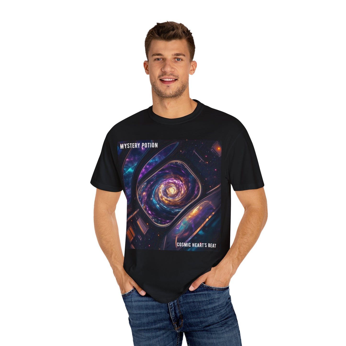 Cosmic Themed Mystery Potion Unisex Garment-Dyed T-shirt, Mystical Tee, Galaxy Shirt, Space Art Apparel, Unique Gift for Event Horizon Stargazers