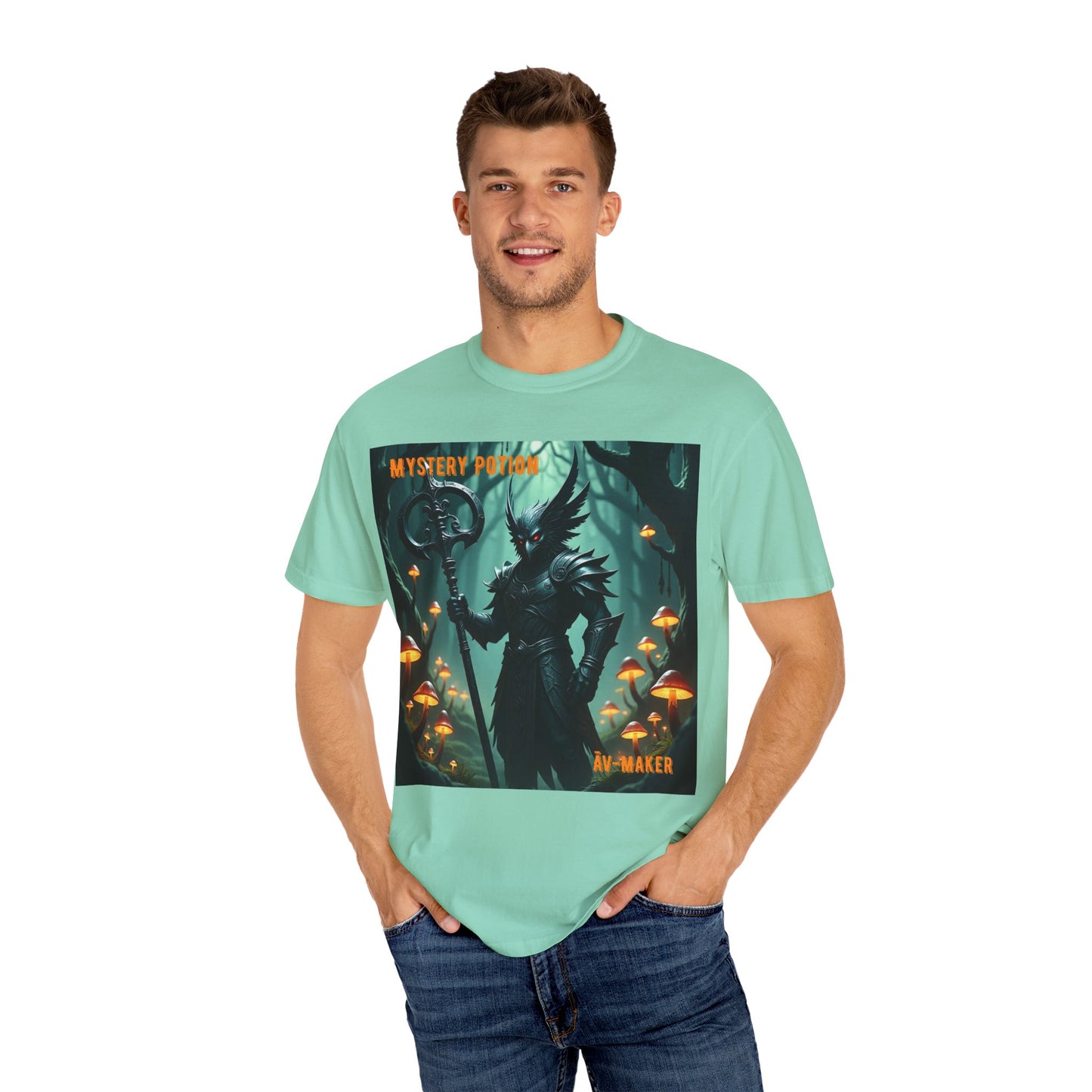 Mystical Āv-Maker Unisex Garment-Dyed T-shirt, Fantasy Apparel, Gift for Gamers, Witchy T-shirt, Mystery Potion Design, Unisex Tee