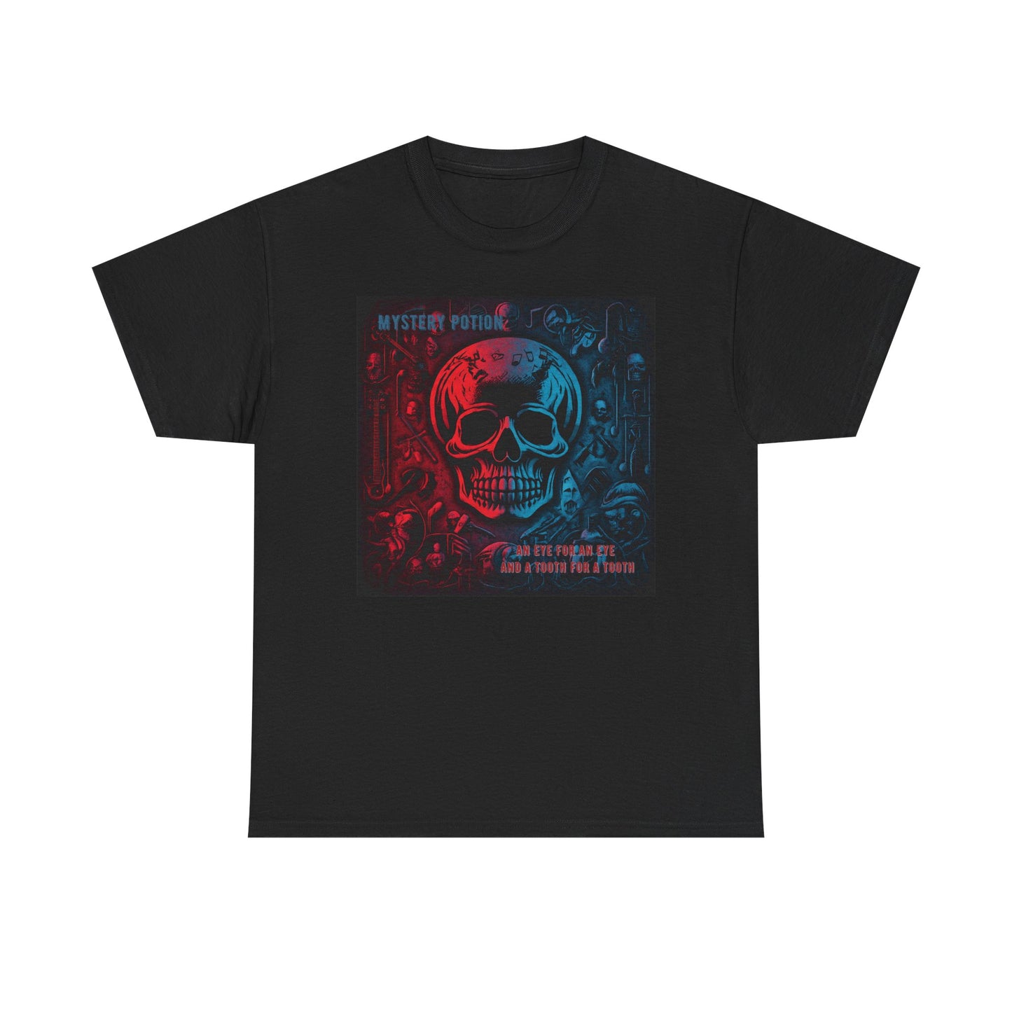 An Eye For An Eye And A Tooth For A Tooth by Mystery Potion, Stylish Skull Graphic Tee - Perfect for Halloween, Casual Wear, Music Festivals, Unique Gift, Unisex Heavy Cotton Shirt