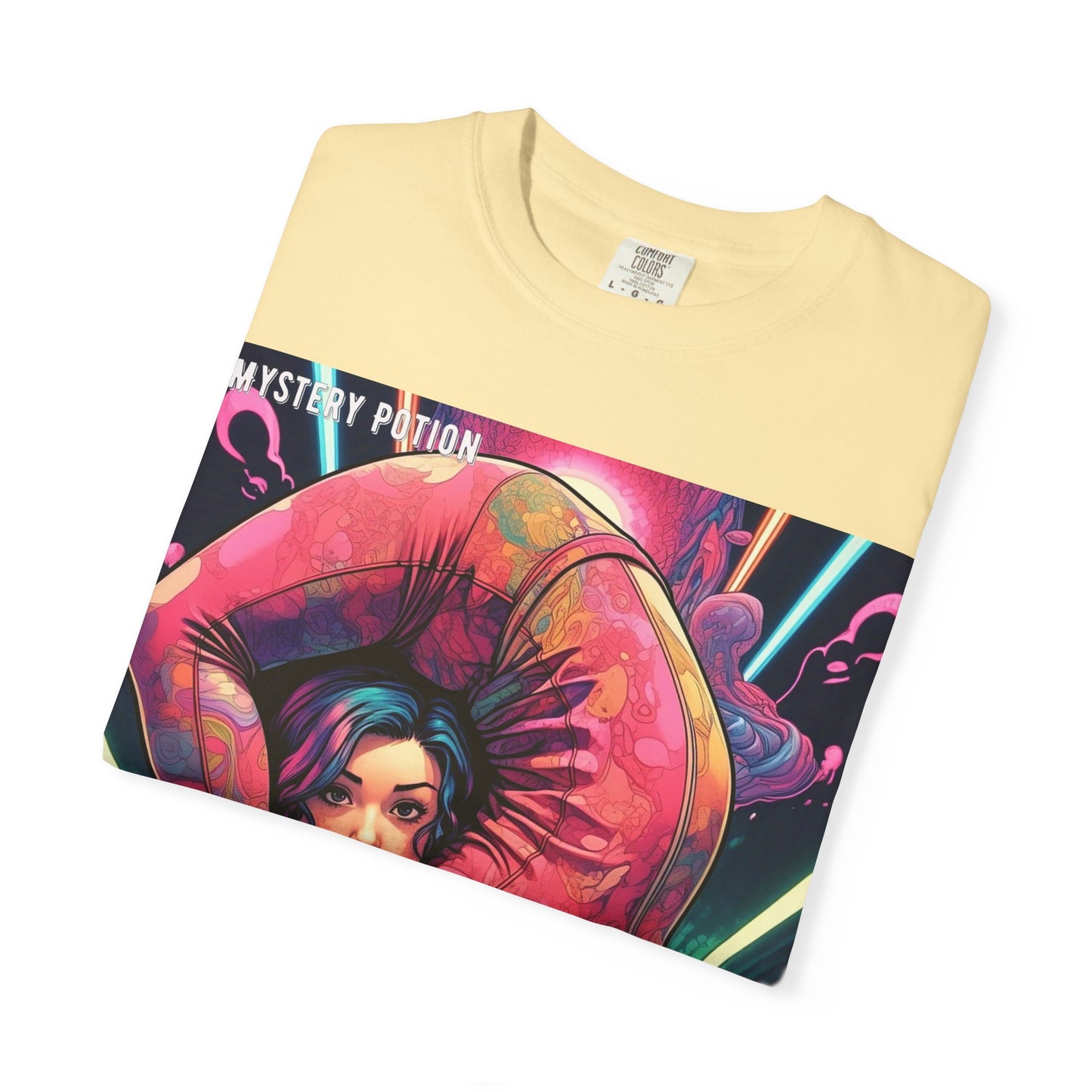 Mystery Potion Extreme Yoga Pose Unisex Garment-Dyed T-shirt, Artistic Tee, Vibrant Graphic Shirt, Unique Gift, Festival Wear, Comfortable Casual Top