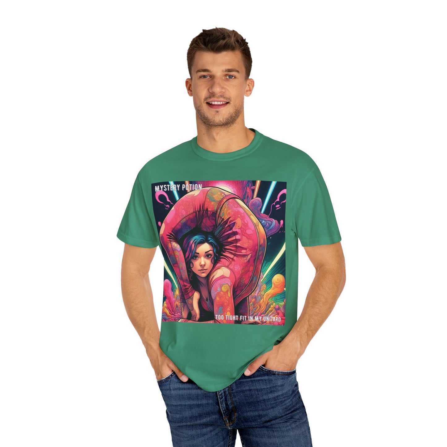 Mystery Potion Extreme Yoga Pose Unisex Garment-Dyed T-shirt, Artistic Tee, Vibrant Graphic Shirt, Unique Gift, Festival Wear, Comfortable Casual Top