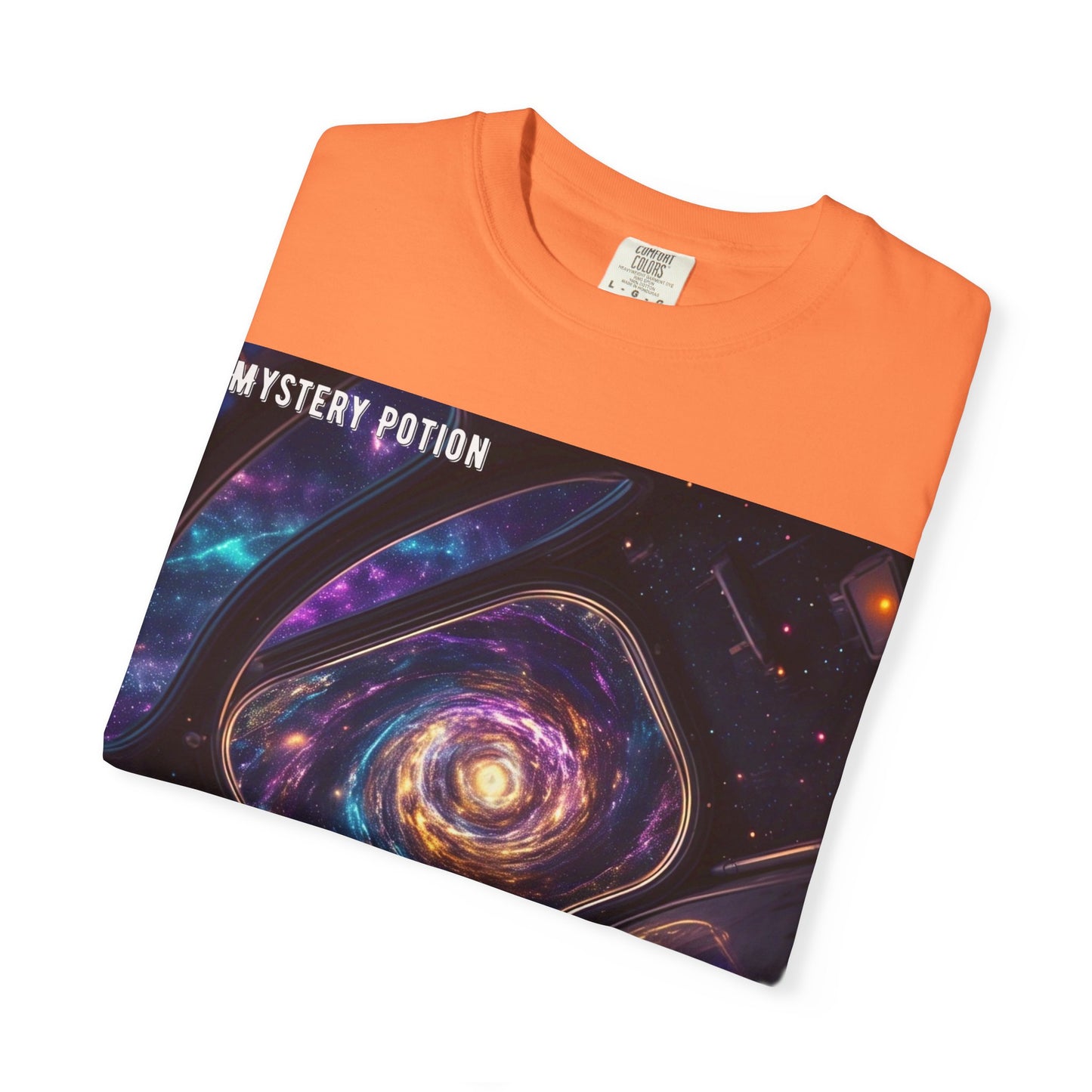 Cosmic Themed Mystery Potion Unisex Garment-Dyed T-shirt, Mystical Tee, Galaxy Shirt, Space Art Apparel, Unique Gift for Event Horizon Stargazers