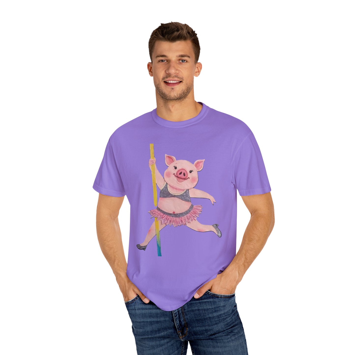 'Playful Pig' T-Shirt, Fun Graphic Tee, Animal Lover Gift, Unique Apparel, Funny T-Shirt, Cute Pig Shirt, Pole-Dancers and Pole Dancing Pig.