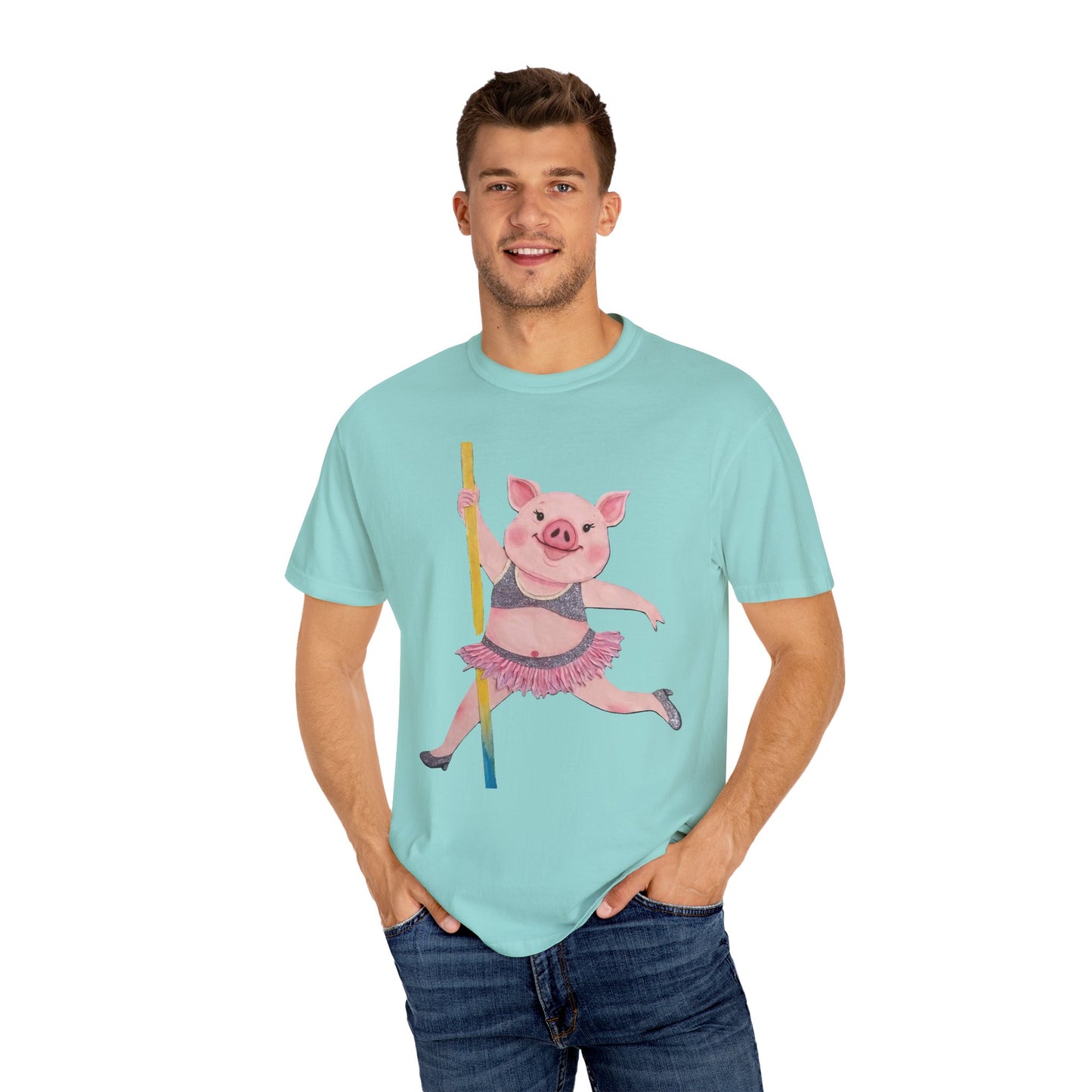 'Playful Pig' T-Shirt, Fun Graphic Tee, Animal Lover Gift, Unique Apparel, Funny T-Shirt, Cute Pig Shirt, Pole-Dancers and Pole Dancing Pig.