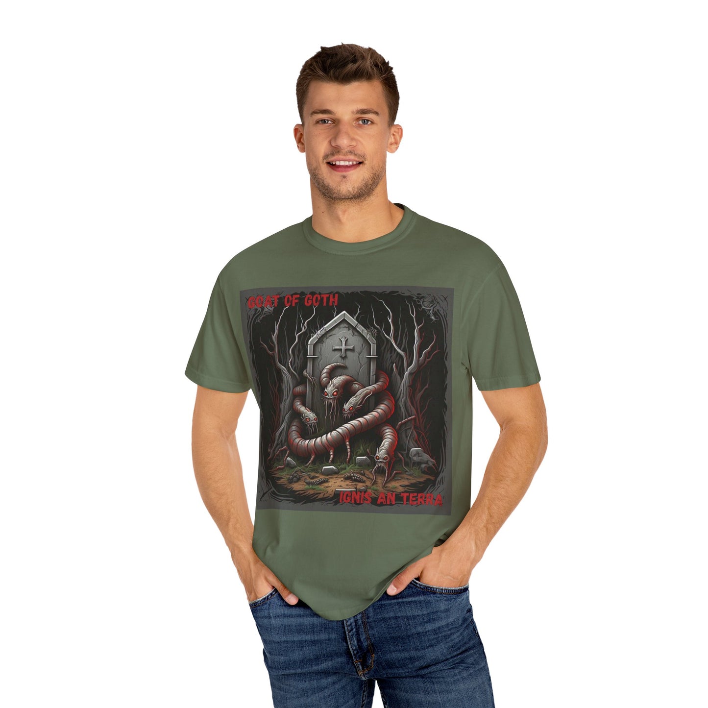 'Ignis An Terra' by GOAT of Goth, Gothic Graphic T-Shirt, Dark Aesthetic Tee, Unisex Halloween Shirt, Unique Gift for Horror Lovers, Casual Everyday Wear
