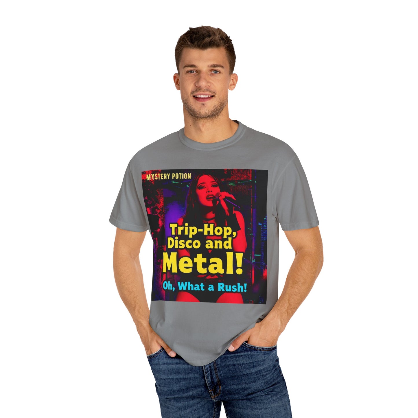 Trip Hop, Disco and Metal! Oh, What a Rush Vibrant Music-Themed Unisex T-shirt | Perfect Gift for Music Lovers, Concert Attendees, Band Merch, Festival Apparel, and Casual Wear