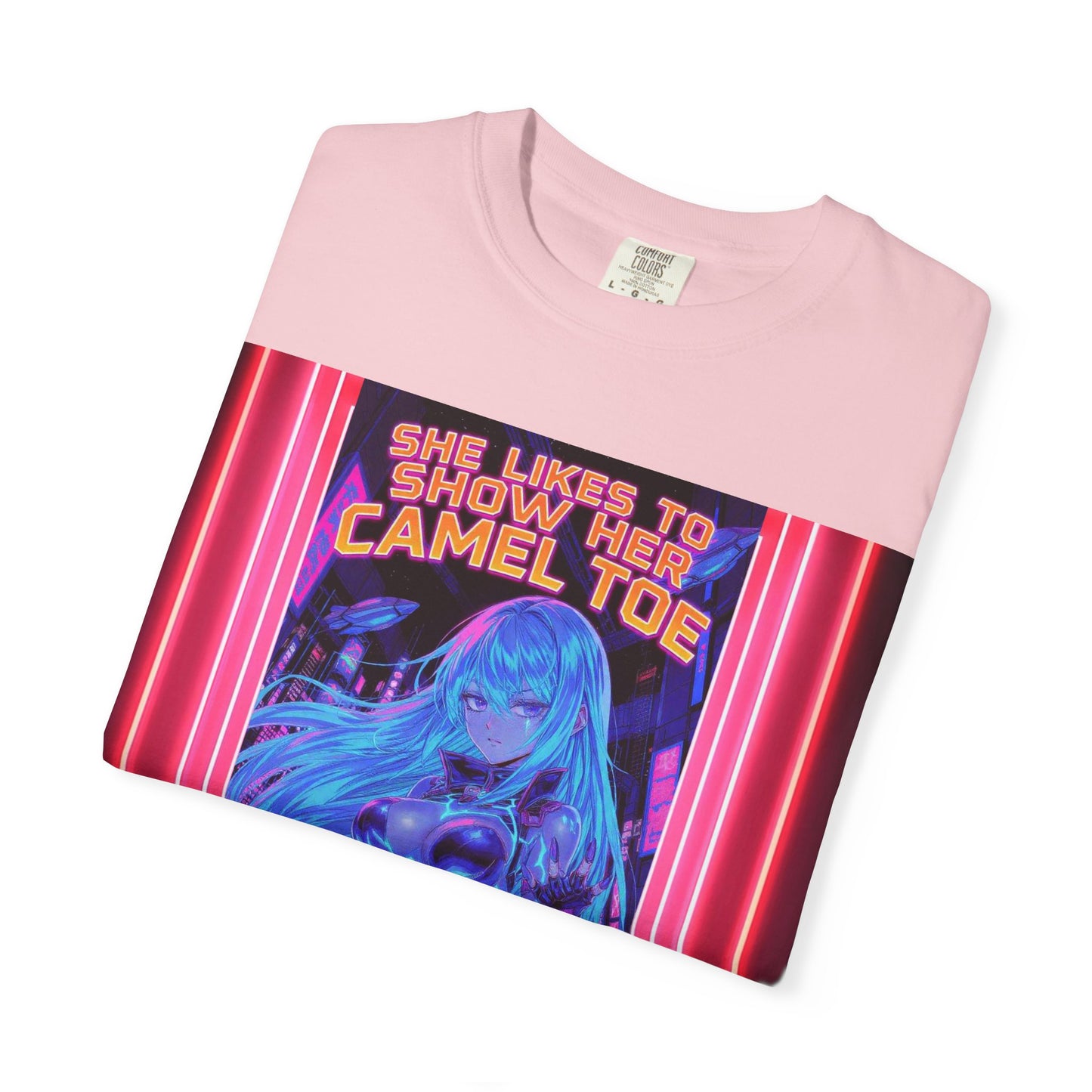 Anime Neon Tee — "She Likes to Show Her Camel Toe" Graphic T-Shirt