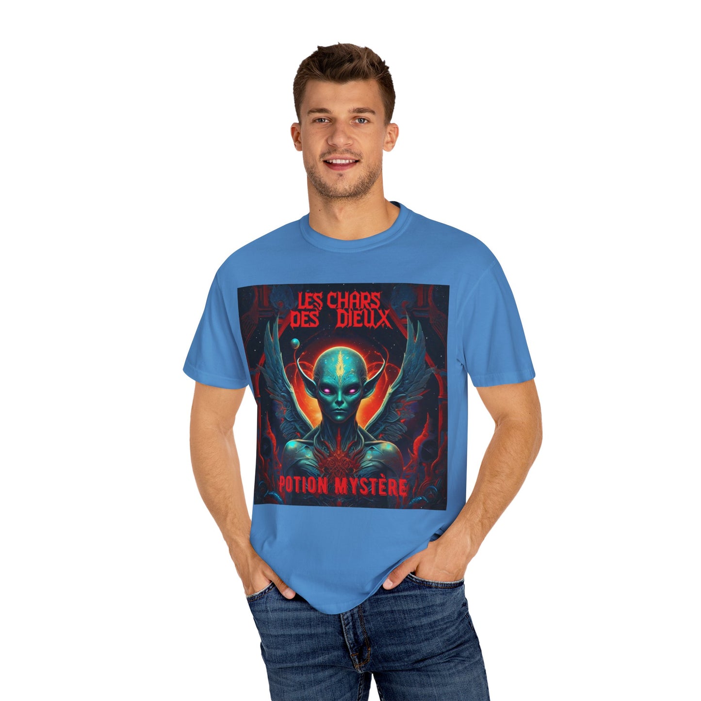 'Les Chars des Dieux' par Potion Mystère, Mystical Alien Graphic T-Shirt | Unisex Tee for Sci-Fi Lovers, Unique Gift for Halloween, Cosmic Vibes, Statement Shirt, Trendy Fashion
