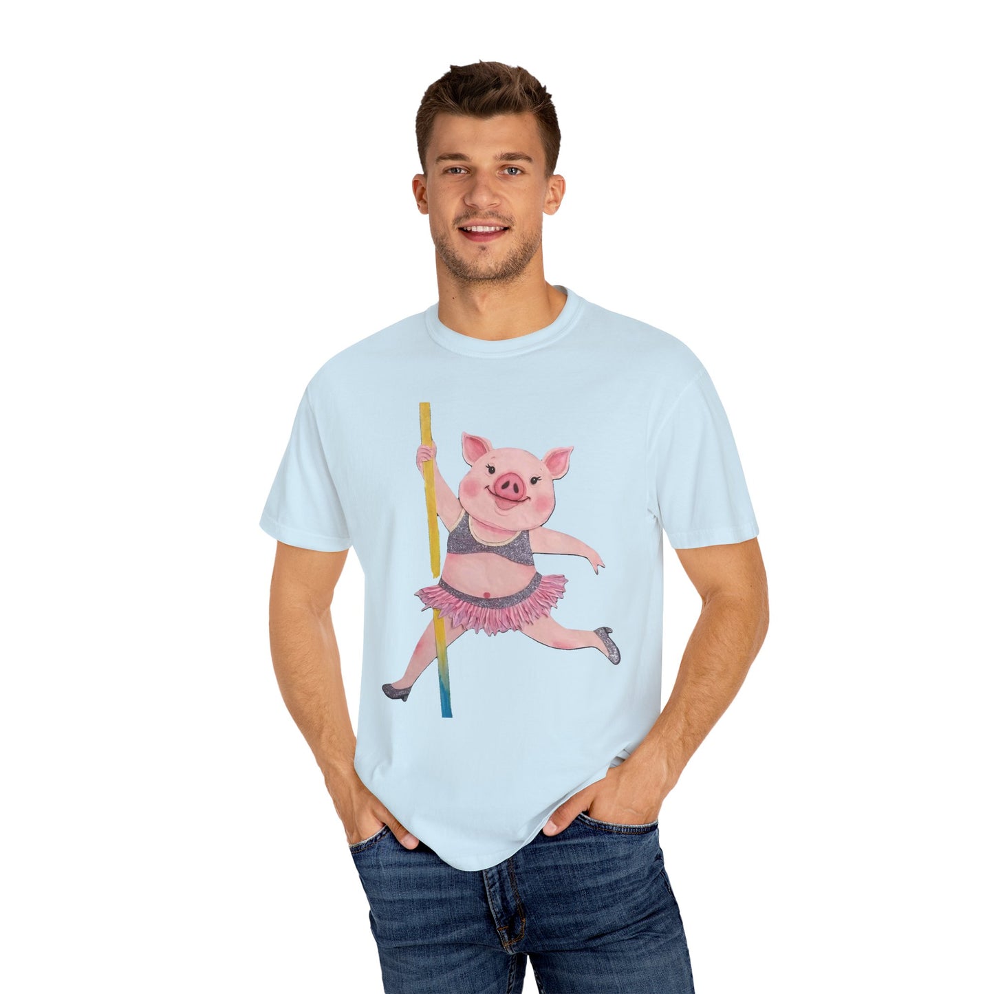 'Playful Pig' T-Shirt, Fun Graphic Tee, Animal Lover Gift, Unique Apparel, Funny T-Shirt, Cute Pig Shirt, Pole-Dancers and Pole Dancing Pig.