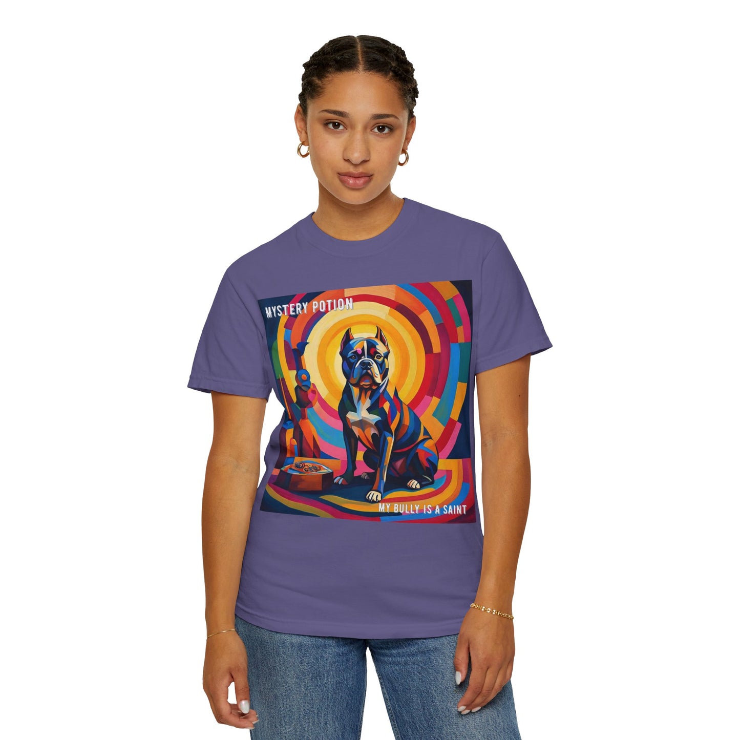 'My Bully Is A Saint' by Mystery Potion Colorful Dog Art T-shirt, Unisex Graphic Tee by Mystery Potion, Perfect for Pet Lovers, Comfy Casual Wear, Great Gift for Dog Lovers