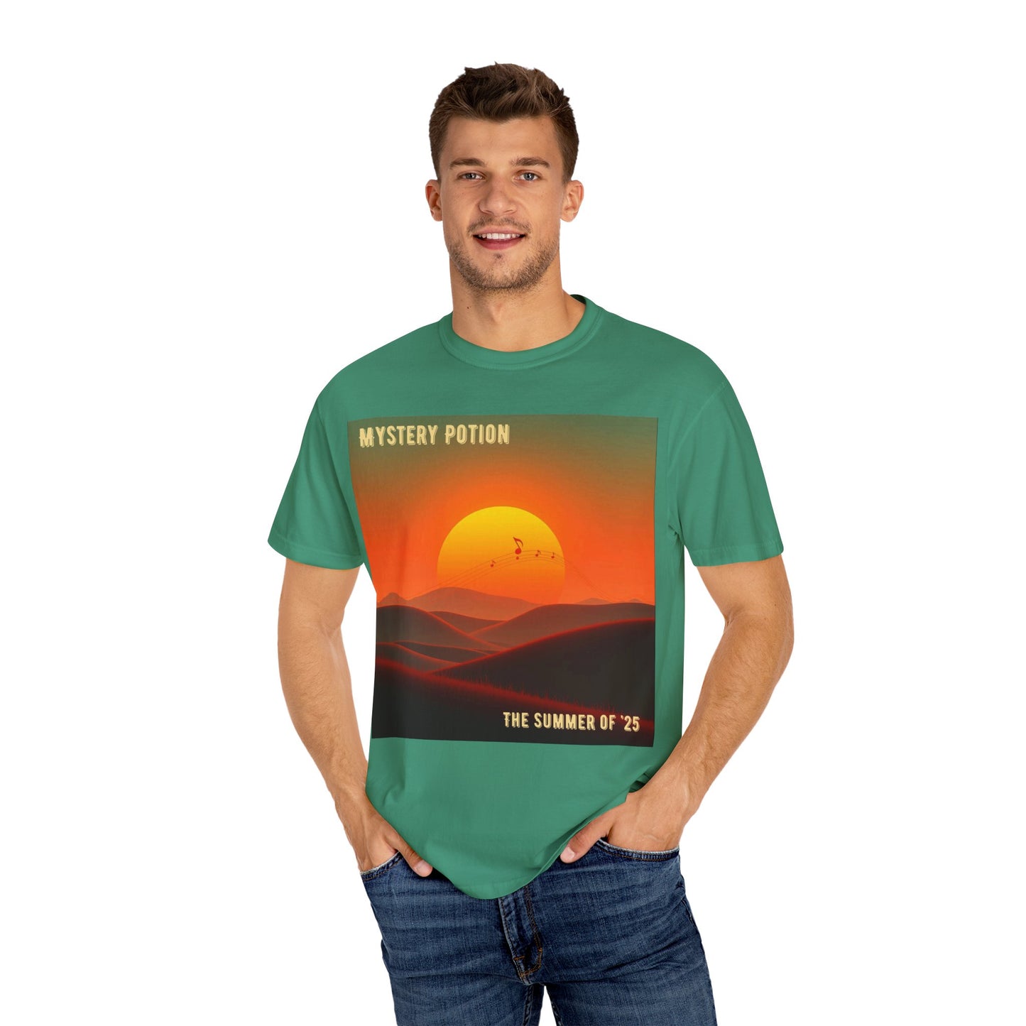 'The Summer of '25'  by Mystery Potion, Mystical Sunset T-Shirt - Unisex Garment-Dyed Tee, Retro Vibe, Bohemian Style, Summer Essential Swag