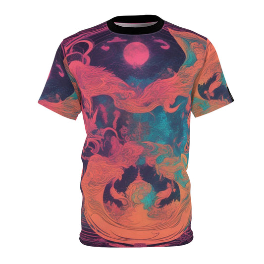 Vibrant Artistic Unisex Tee, Cosmic Graphic Shirt, Unique AOP T-Shirt, Colorful Dreamscape Top, Festival Wear, Statement Fashion